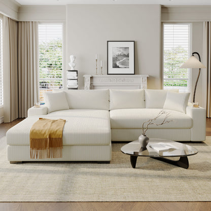 Large Beige Corduroy Sectional Sofa - 3 Seats with Charging Ports