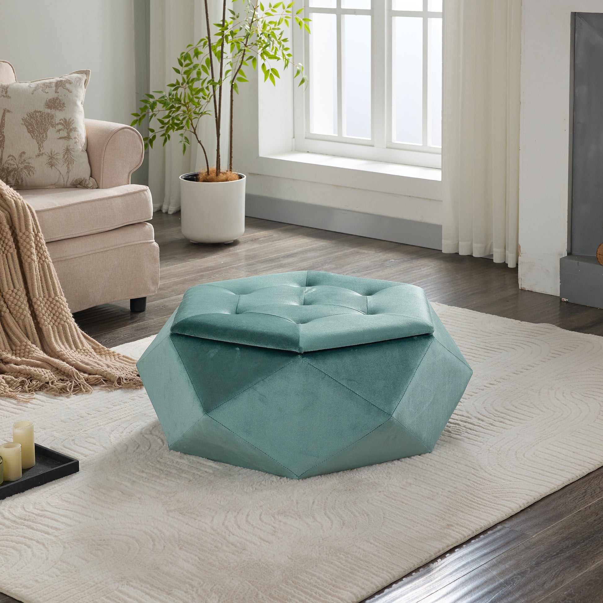 Green Velvet Storage Ottoman - 34"L x 30.5"W Footrest for Living Room Bedroom