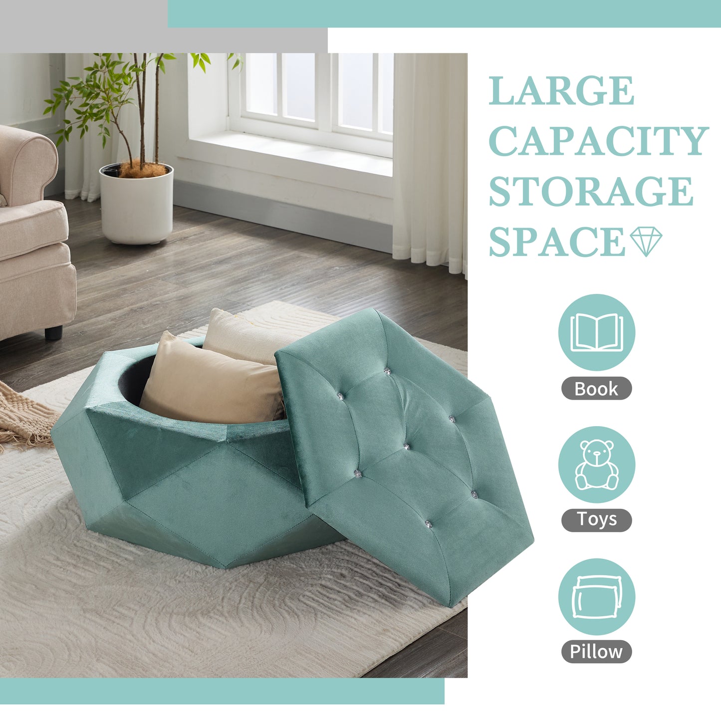 Green Velvet Storage Ottoman - 34"L x 30.5"W Footrest for Living Room Bedroom