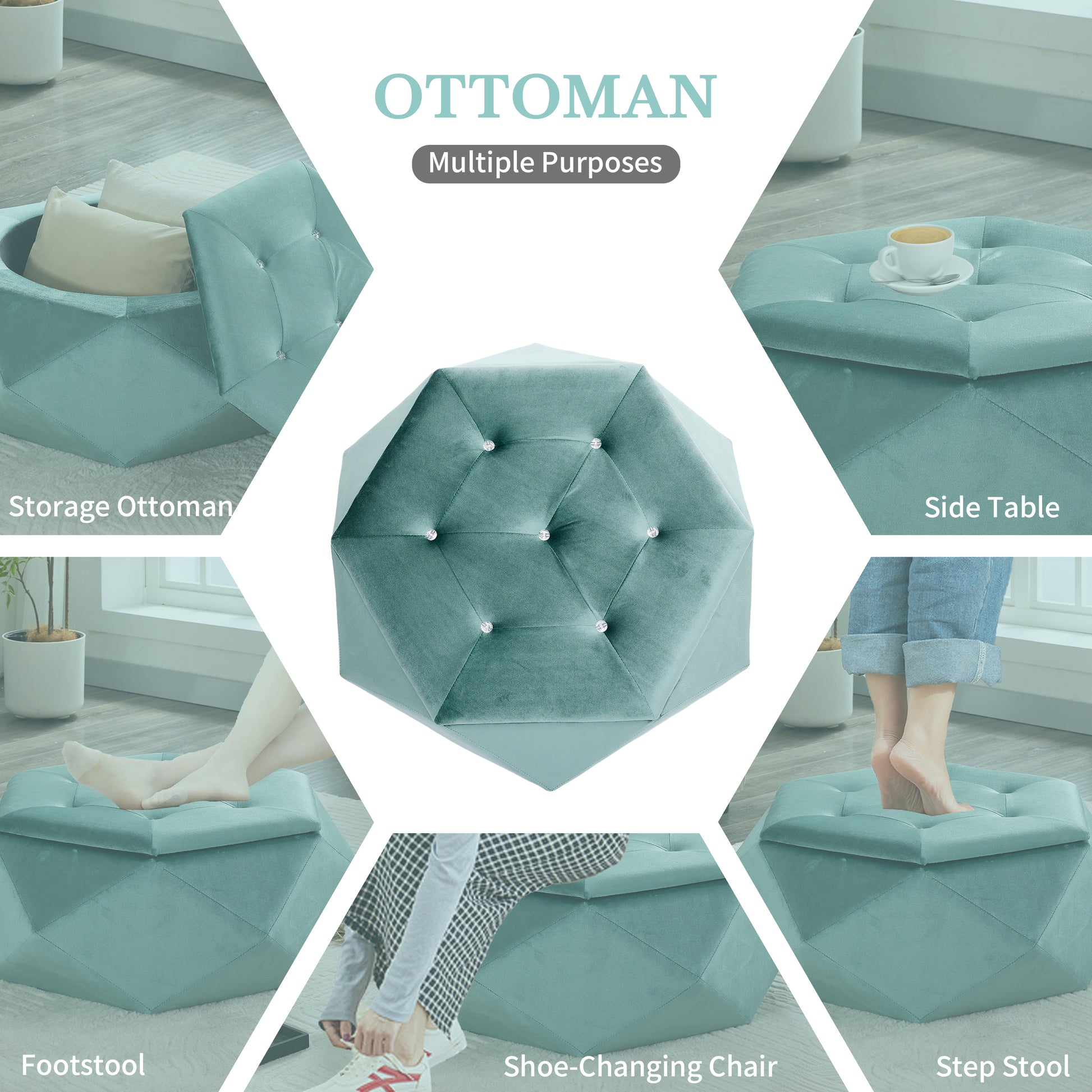 Green Velvet Storage Ottoman - 34"L x 30.5"W Footrest for Living Room Bedroom
