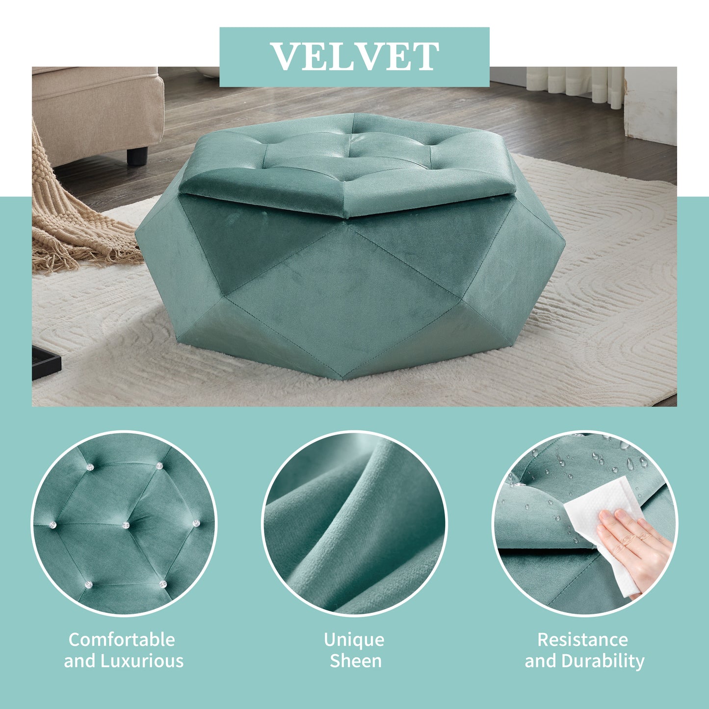 Green Velvet Storage Ottoman - 34"L x 30.5"W Footrest for Living Room Bedroom