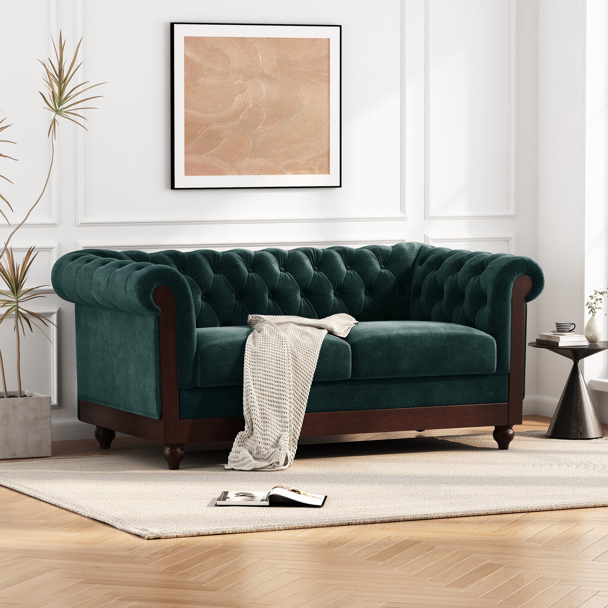 VIVALUX 59.44" Chesterfield Velvet Loveseat Sofa,2-Person Rolled Arm Dutch Plush Upholstered Sofa Couch with Tufted Button for Living Room, Bedroom, Small Places,Forest Green