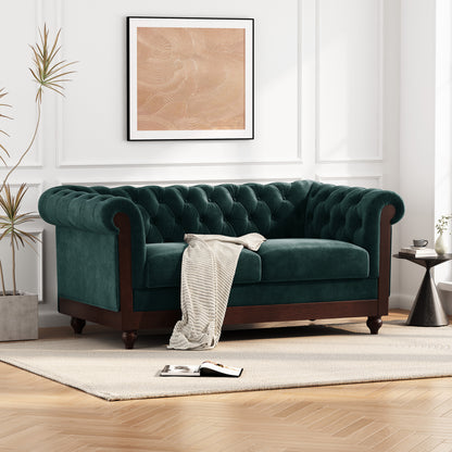 VIVALUX 59.44" Chesterfield Velvet Loveseat Sofa,2-Person Rolled Arm Dutch Plush Upholstered Sofa Couch with Tufted Button for Living Room, Bedroom, Small Places,Forest Green