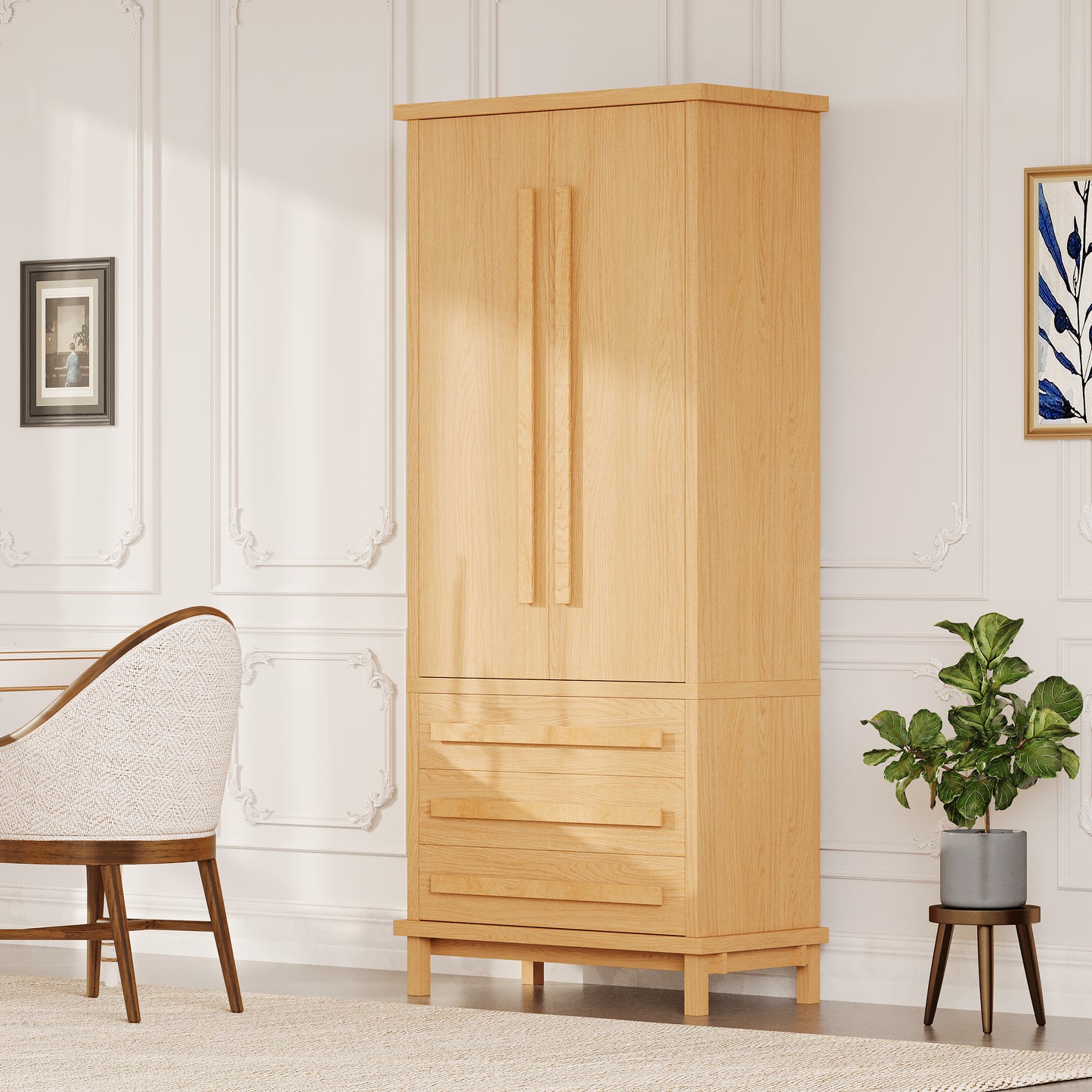 70" Kitchen Pantry Cabinet with 2 Cabinet Shelves,Luxurious Wooden Cupboard with 6 Door Shelves and 3 Drawers for Kitchen, Dining Room,Natural