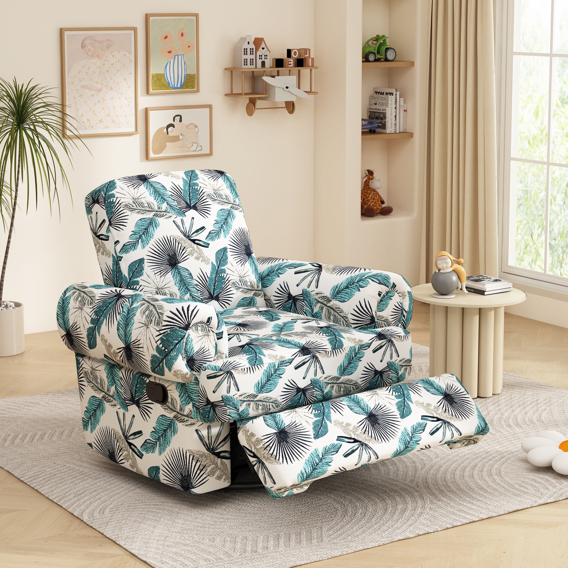 Manual Recliner Sofa Swivel Recliner Rocker Chair with Adjustable Backrest for Living Room, Bedroom, or Nursery, Green&Brown