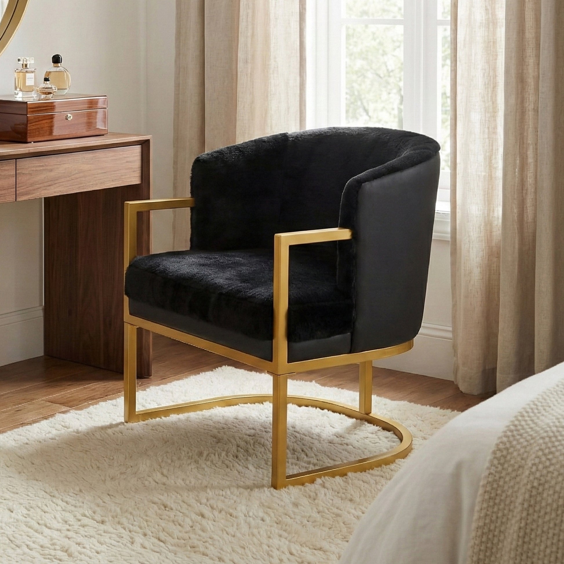 Modern Accent Chair Cozy Armchair Upholstered Reading Chair with Gold Metal Frame Living Room, Bedroom, or Office, Black