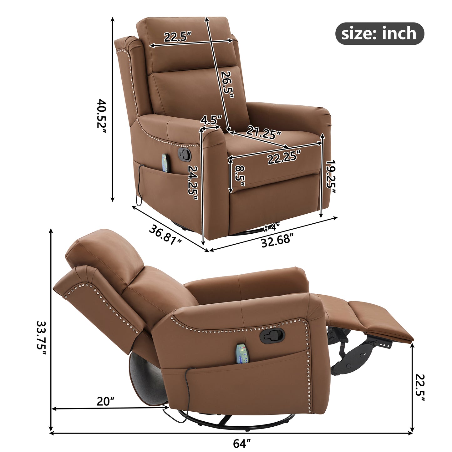 Brown PU Leather Recliner Chair - 8-Point Massage & Swivel