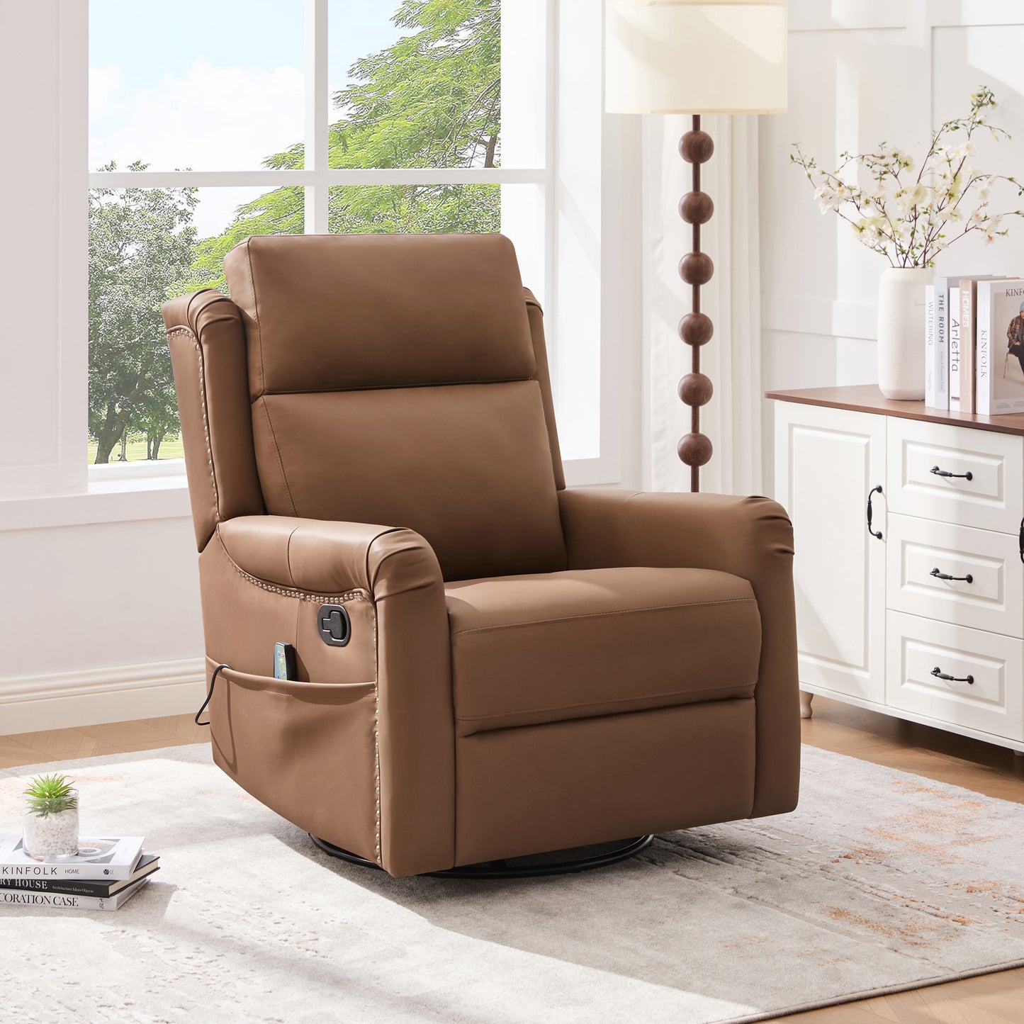 Brown PU Leather Recliner Chair - 8-Point Massage & Swivel