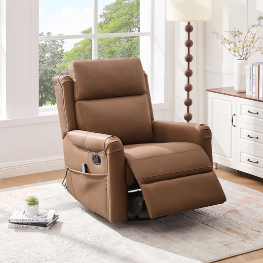 Modern Manual Recliner Swivel Rocking Recliner Massage Recliner Chair with 8-Point Massage with Heating and Storage Pocket for Living Room and Home Theater, Brown