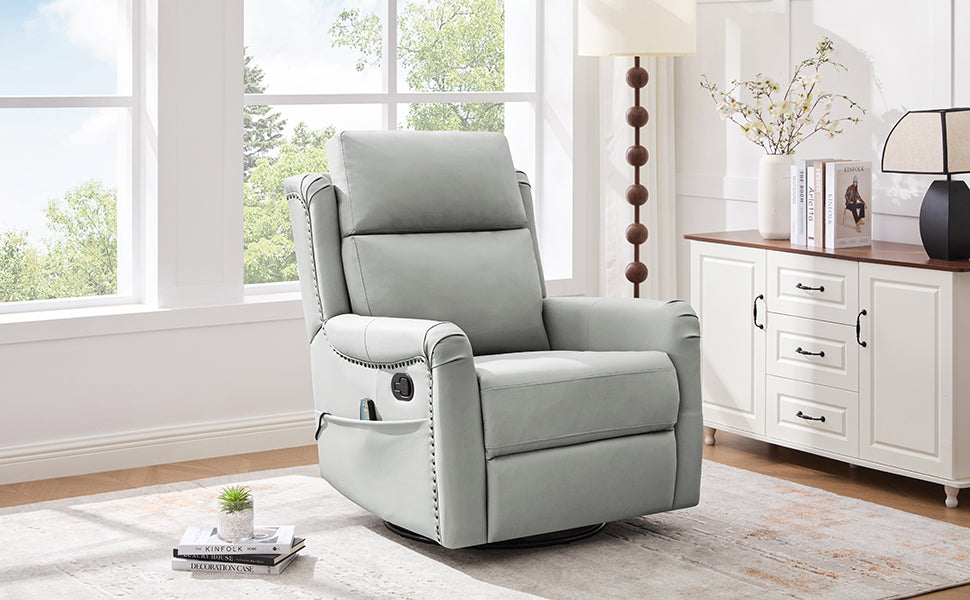 Grey PU Leather Recliner - 8-Point Massage & Swivel for Living Room