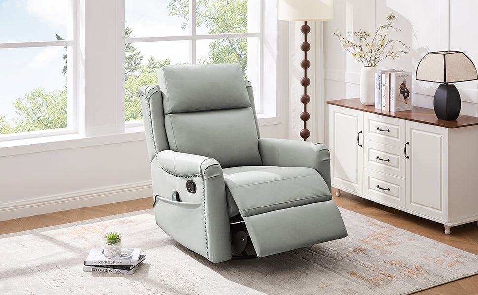 Grey PU Leather Recliner - 8-Point Massage & Swivel for Living Room