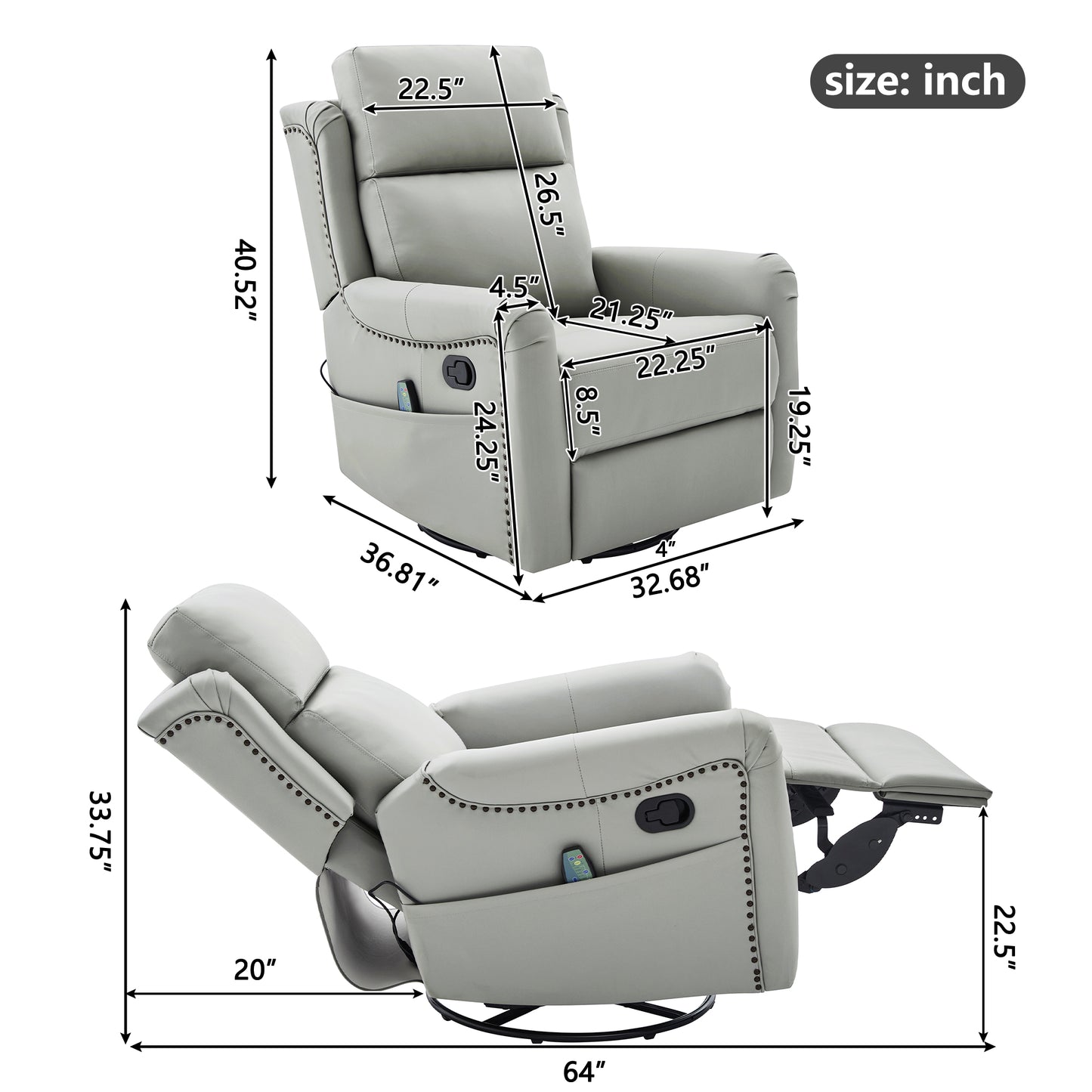 Grey PU Leather Recliner - 8-Point Massage & Swivel for Living Room