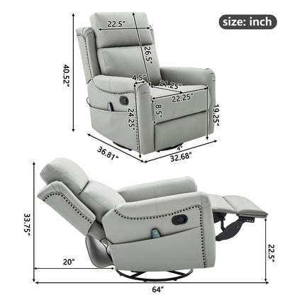Grey PU Leather Recliner - 8-Point Massage & Swivel for Living Room