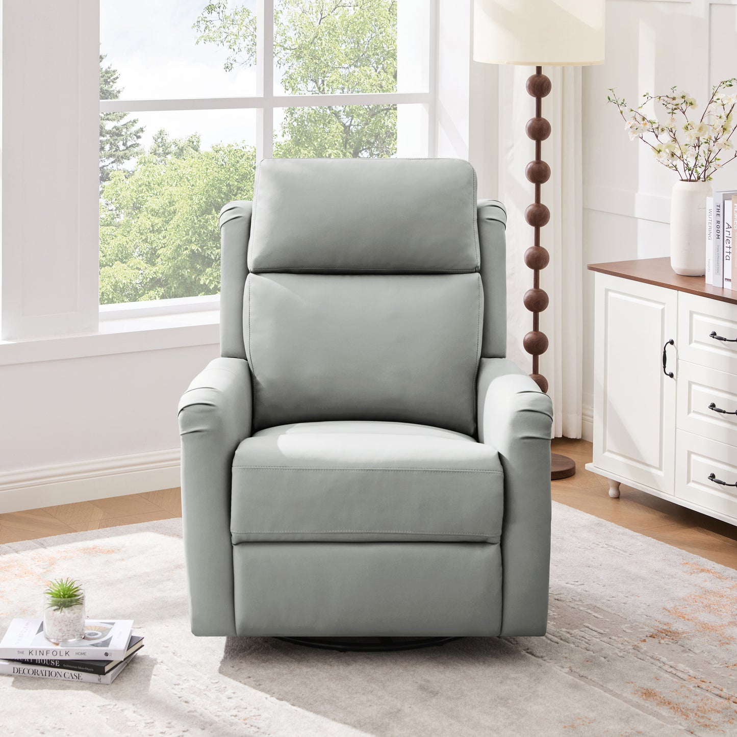 Grey PU Leather Recliner - 8-Point Massage & Swivel for Living Room