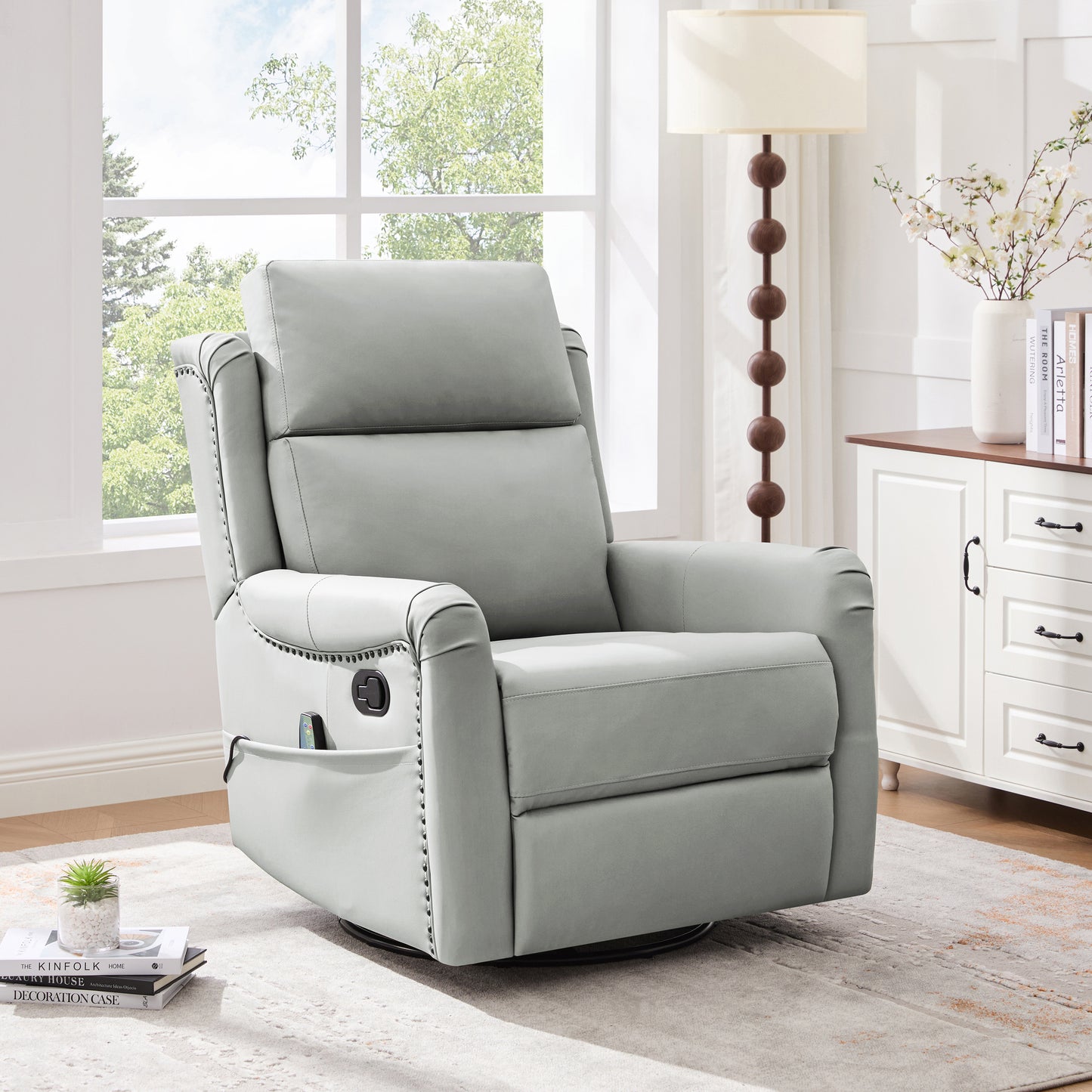 Grey PU Leather Recliner - 8-Point Massage & Swivel for Living Room