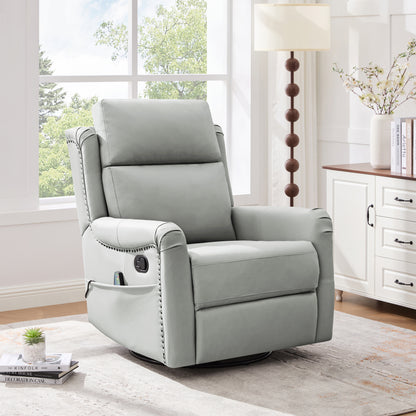 Grey PU Leather Recliner - 8-Point Massage & Swivel for Living Room