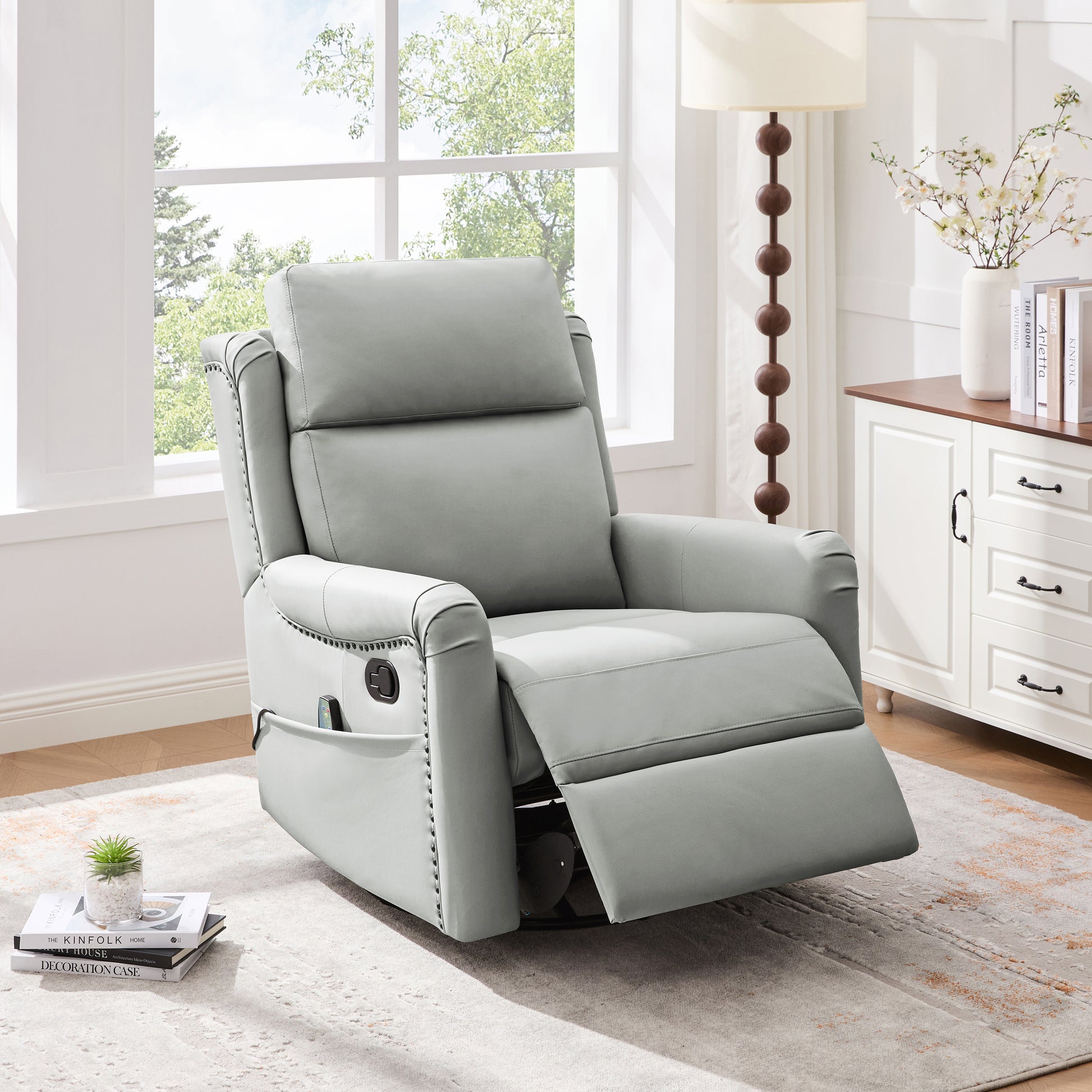 Modern Manual Recliner Swivel Rocking Recliner Massage Recliner Chair with 8-Point Massage with Heating and Storage Pocket for Living Room and Home Theater, Grey