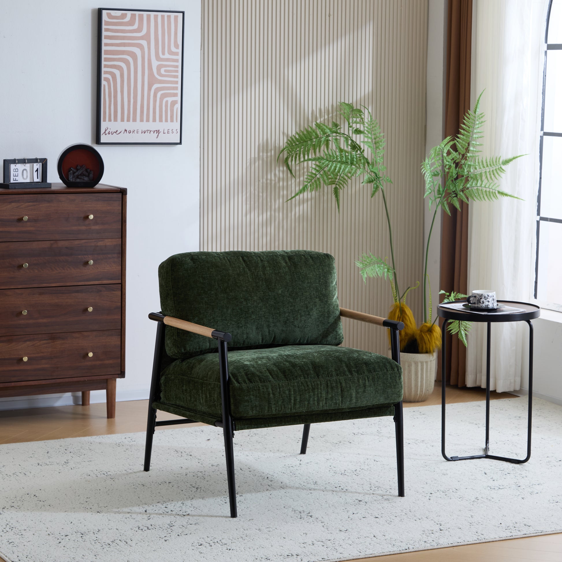 27.56" Modern Accent Chair with Plush Cushions, Minimalist Metal Frame, and Wooden Armrest Design – Perfect for Cozy Living Room, Bedroom, or Office Seating