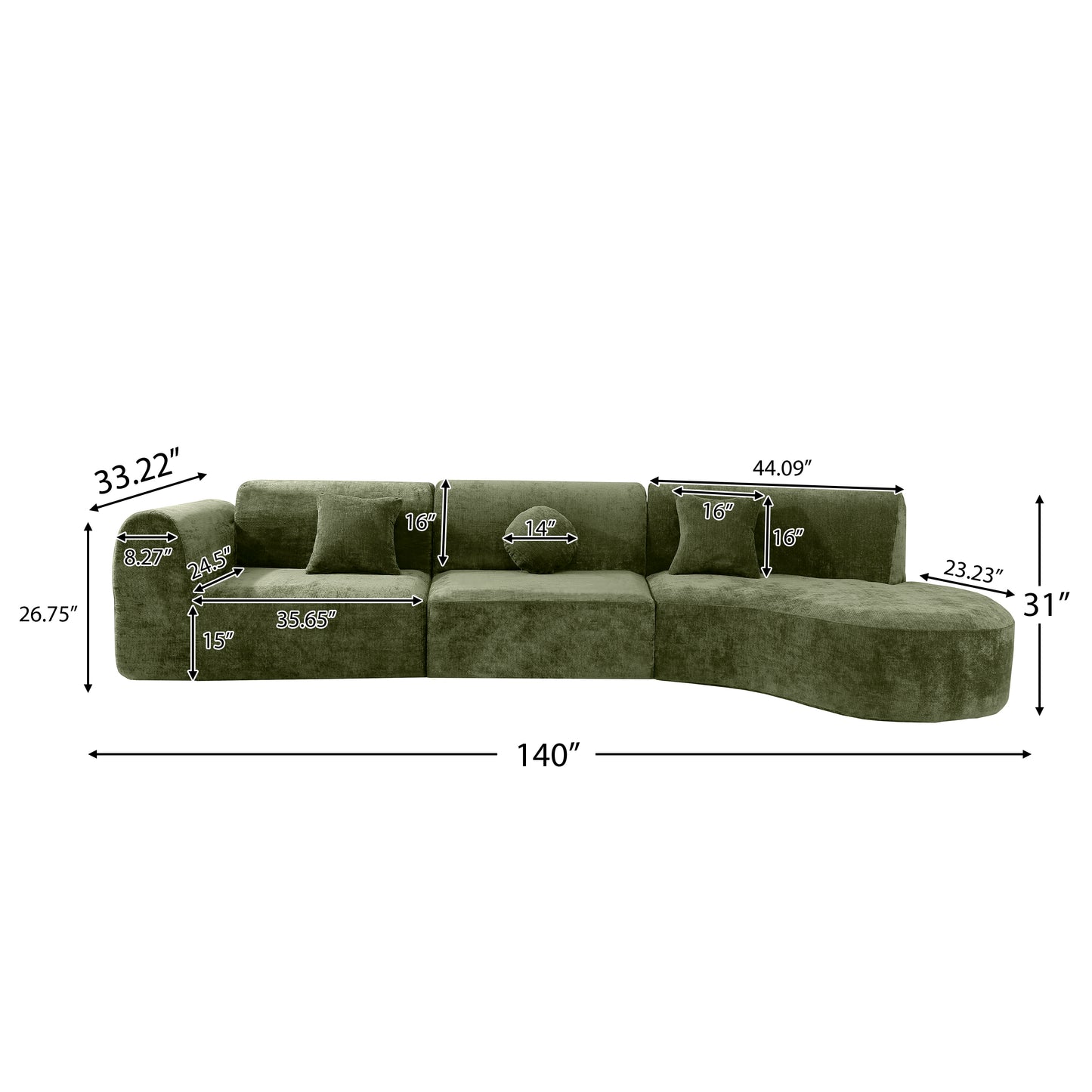 140" Modern Curved Sectional Sofa - Comfortable & Spacious Green