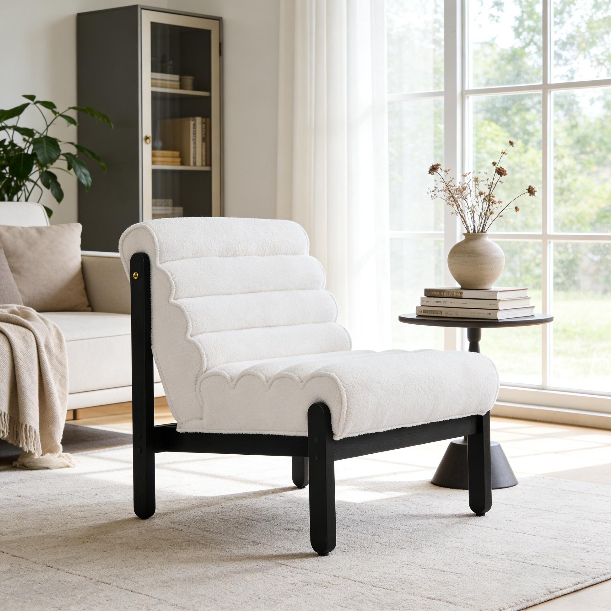 Fluffy Accent Chair White with Black Solid Wood Frame