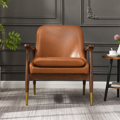 Brown Faux Leather Accent Chair - Solid Wood Frame for Living Room