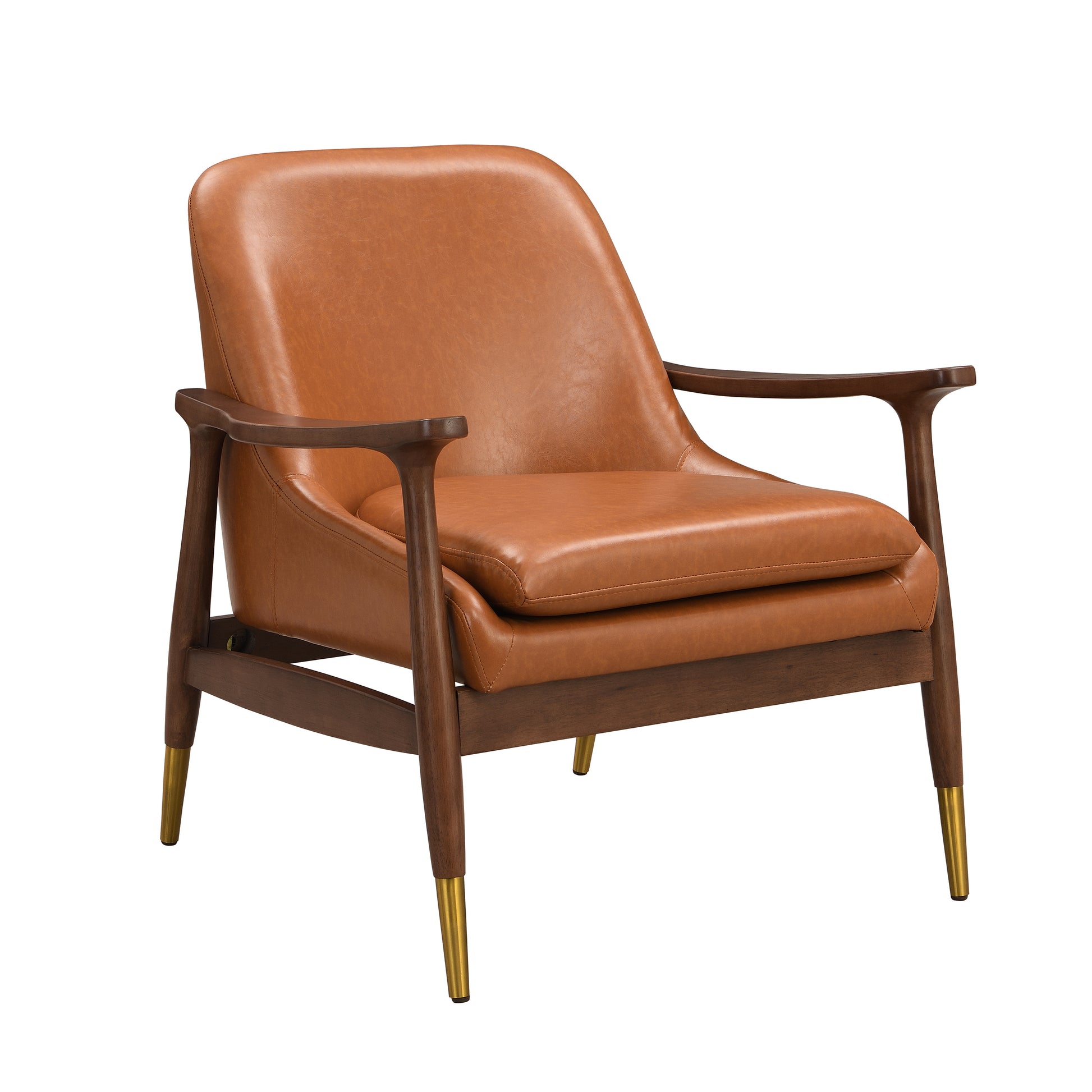 Brown Faux Leather Accent Chair - Solid Wood Frame for Living Room