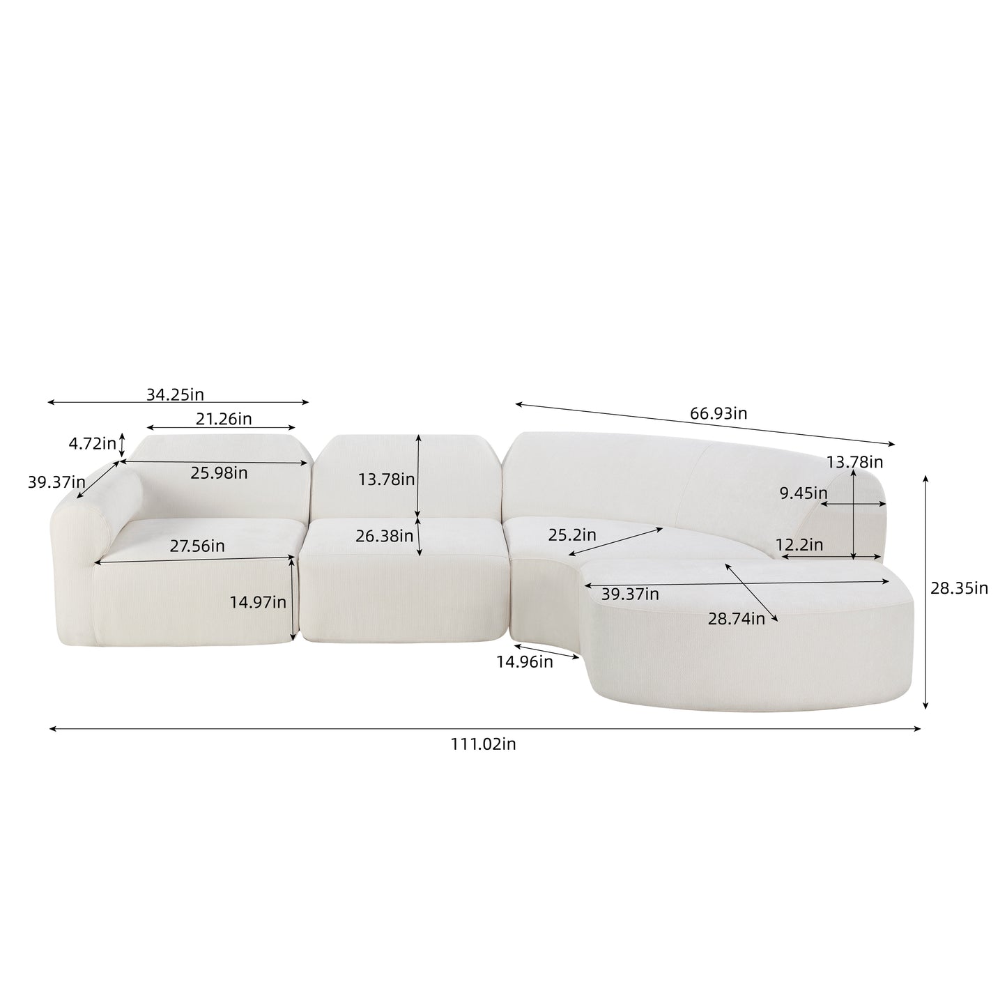 111" Modern Curved Sectional Sofa - Beige Foam Polyester, 3 Seat