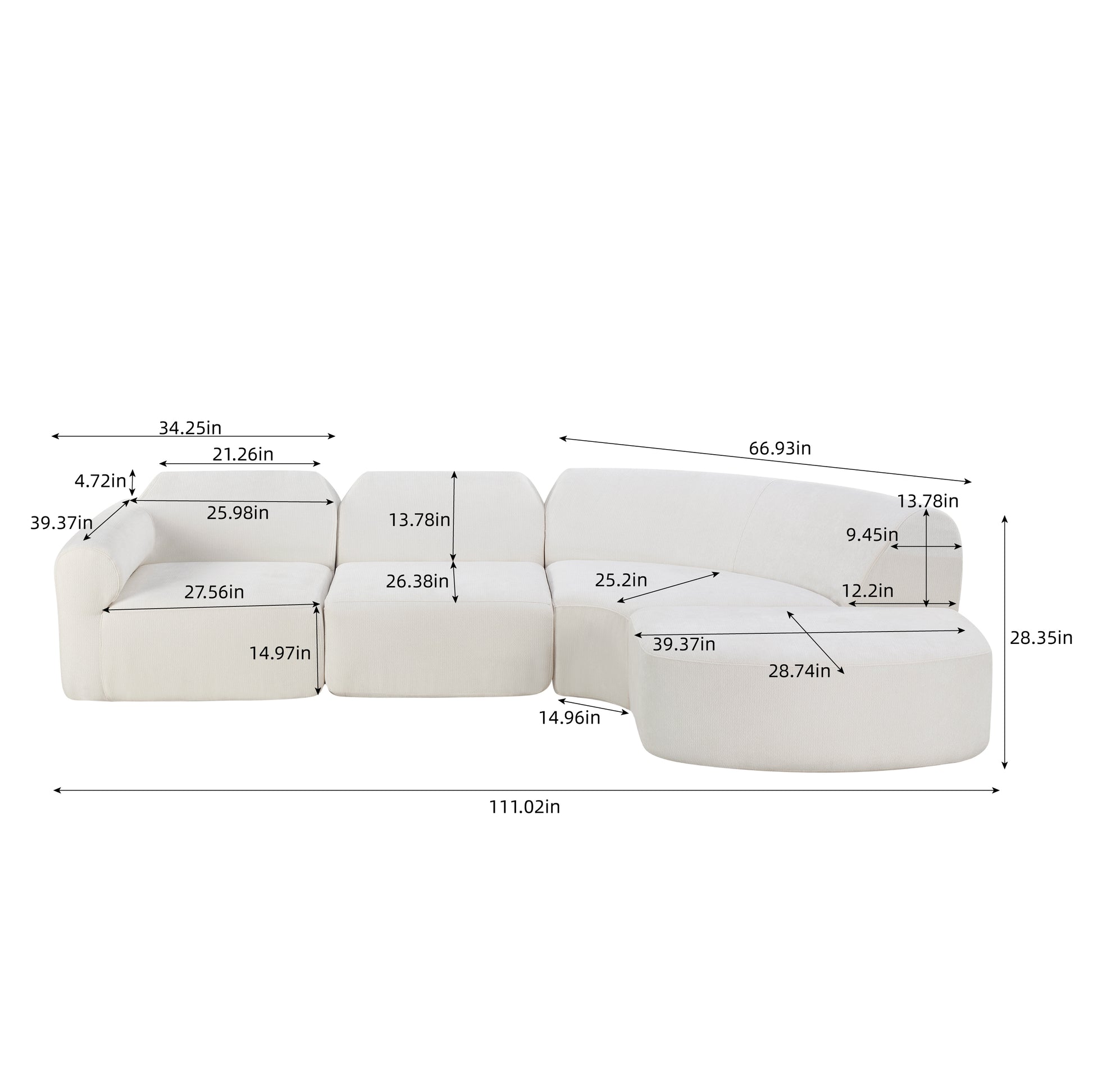 111" Modern Curved Sectional Sofa - Beige Foam Polyester, 3 Seat
