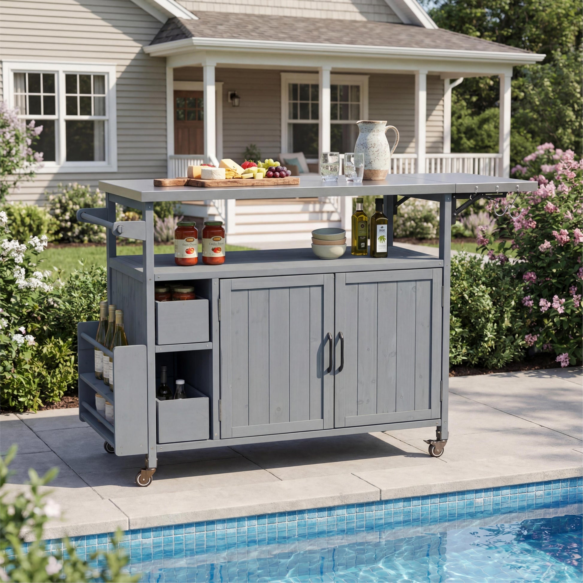 54.33" Farmhouse Rolling Outdoor Kitchen Cart, Solid Wood Frame with Stainless Steel Top, Spice Rack, Towel Rack, Lockable Wheels & Multi-Functional Storage for Patio, Backyard BBQ & Kitchen