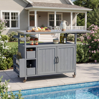 54.33" Farmhouse Rolling Outdoor Kitchen Cart, Solid Wood Frame with Stainless Steel Top, Spice Rack, Towel Rack, Lockable Wheels & Multi-Functional Storage for Patio, Backyard BBQ & Kitchen