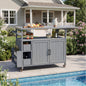 54.33" Farmhouse Rolling Outdoor Kitchen Cart, Solid Wood Frame with Stainless Steel Top, Spice Rack, Towel Rack, Lockable Wheels & Multi-Functional Storage for Patio, Backyard BBQ & Kitchen