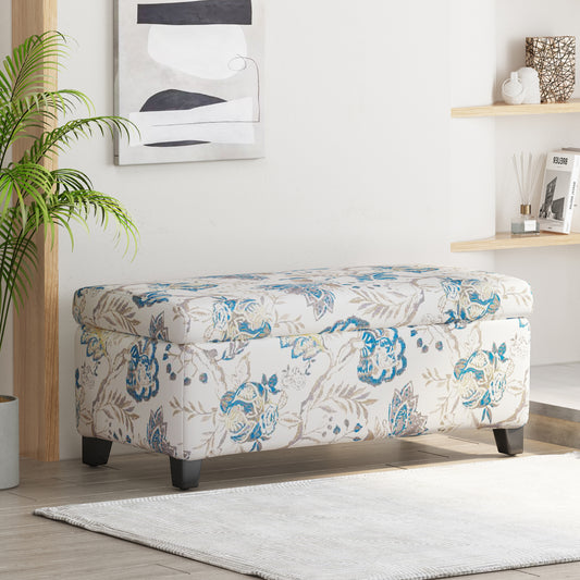 Luxury Storage Ottoman with Floral Patterned Fabric, Soft-Close Hinges, Multi-Functional Footrest & Seat for Living Room, Bedroom - Hidden Compartment for Blankets/Pillows