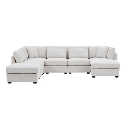 7 - Piece Reversible Modular Corner Sectional-Beige(two corner chairs, three armless chairs, and two ottomans)