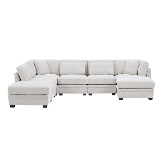 7 - Piece Reversible Modular Corner Sectional-Beige(two corner chairs, three armless chairs, and two ottomans)