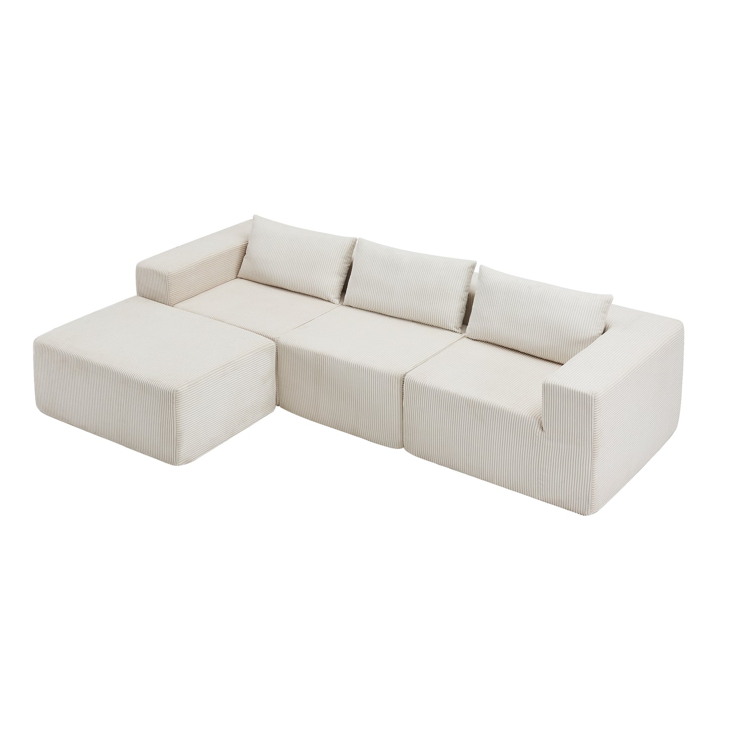 Beige Corduroy 3 Seat Sectional Sofa - 107" for Living Room