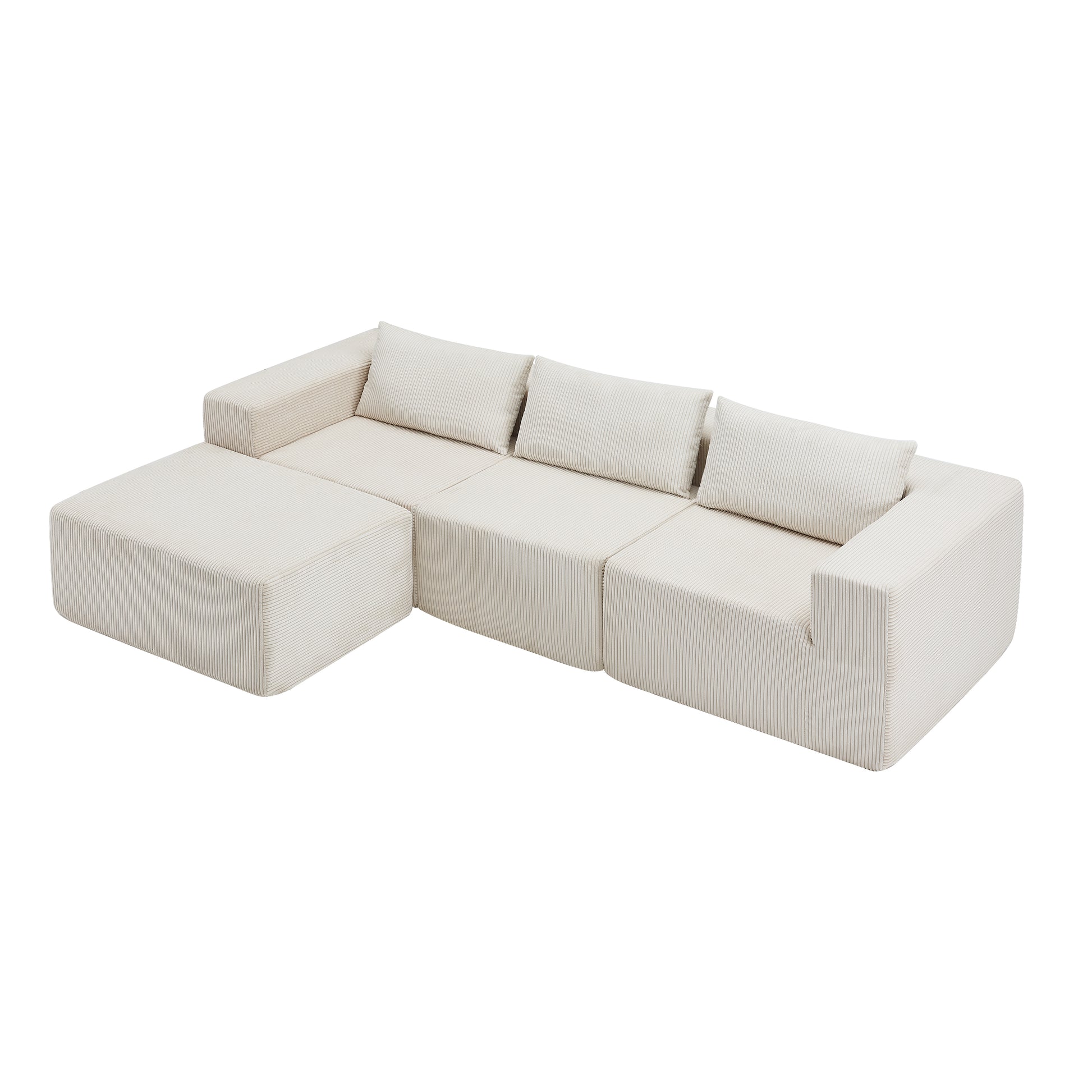Beige Corduroy 3 Seat Sectional Sofa - 107" for Living Room