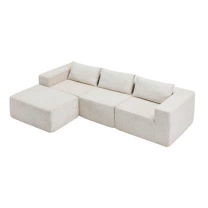 Beige Corduroy 3 Seat Sectional Sofa - 107" for Living Room