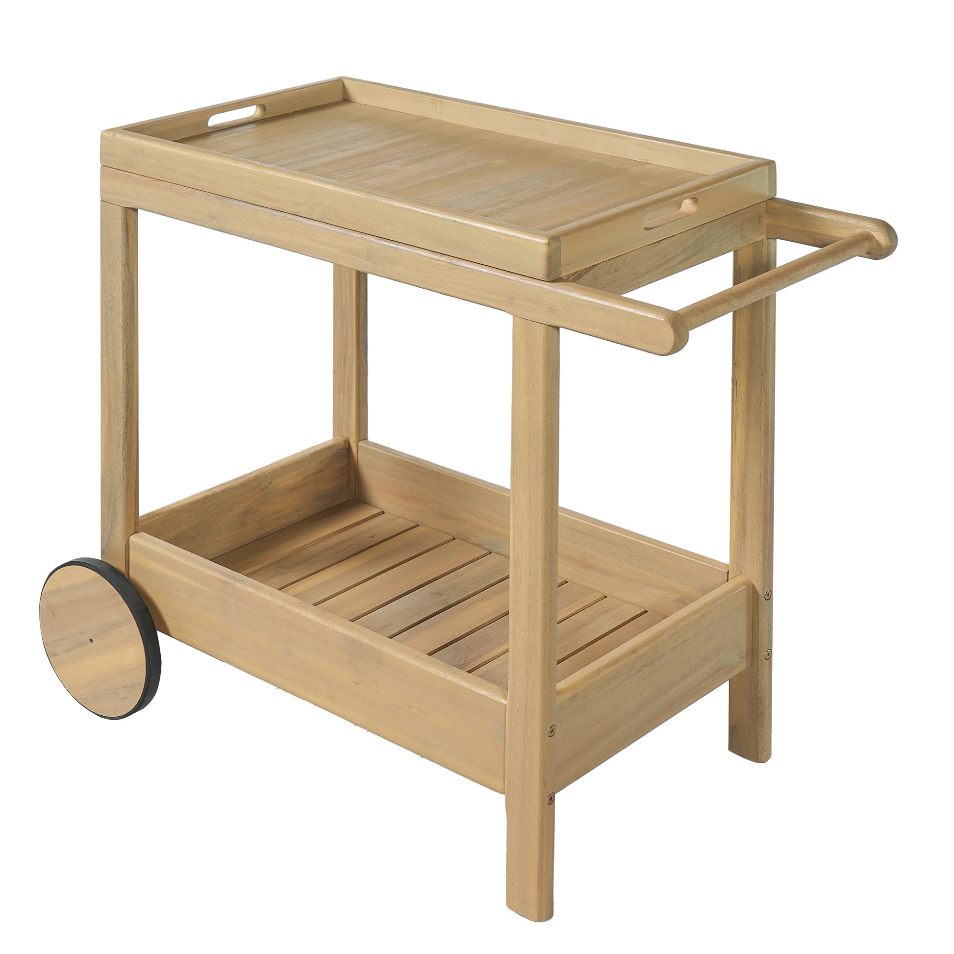 Acacia Wood Outdoor Bar Cart with Rolling Wheels for Patio