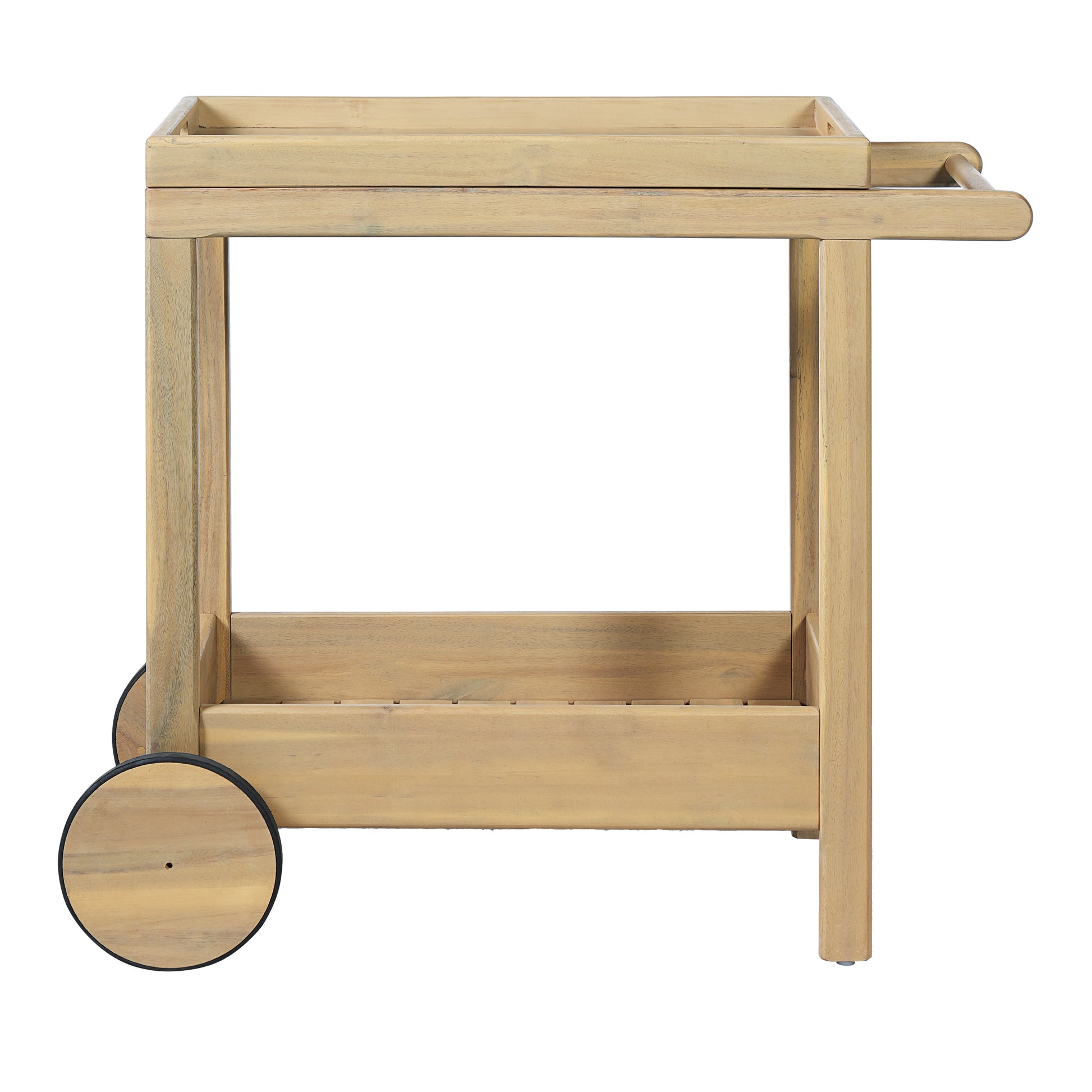 Acacia Wood Outdoor Bar Cart with Rolling Wheels for Patio