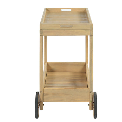 Acacia Wood Outdoor Bar Cart with Rolling Wheels for Patio