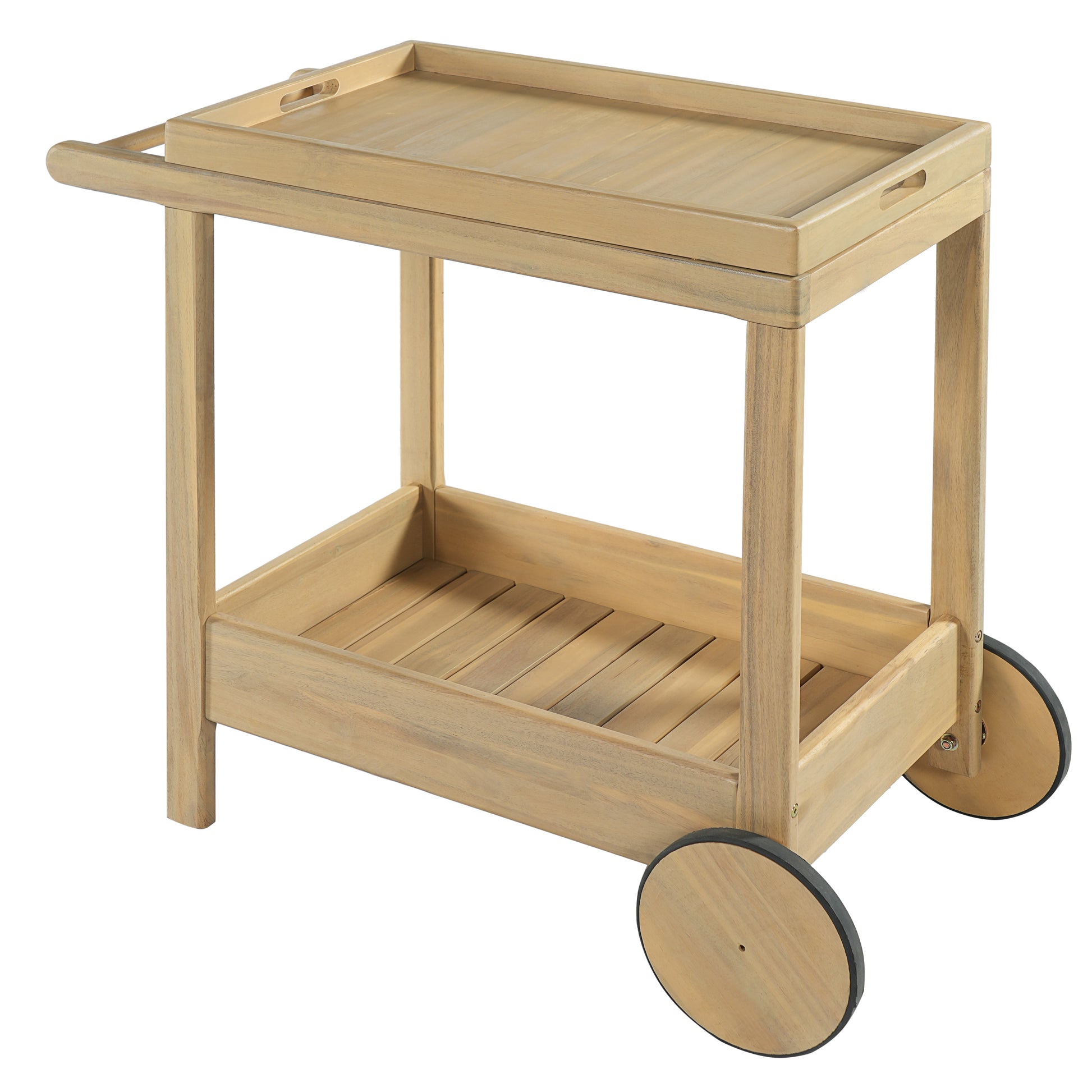 Acacia Wood Outdoor Bar Cart with Rolling Wheels for Patio