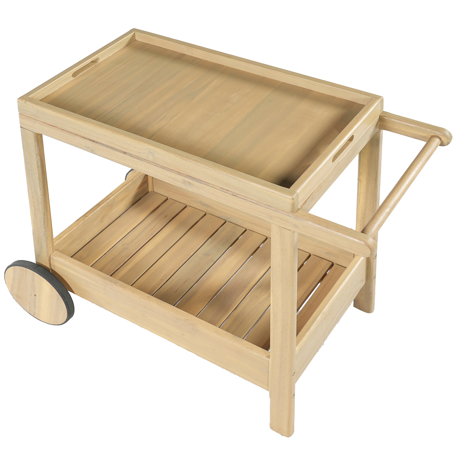 Acacia Wood Outdoor Bar Cart with Rolling Wheels for Patio