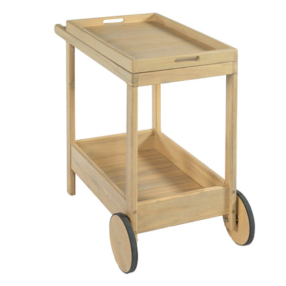 Acacia Wood Outdoor Bar Cart with Rolling Wheels for Patio