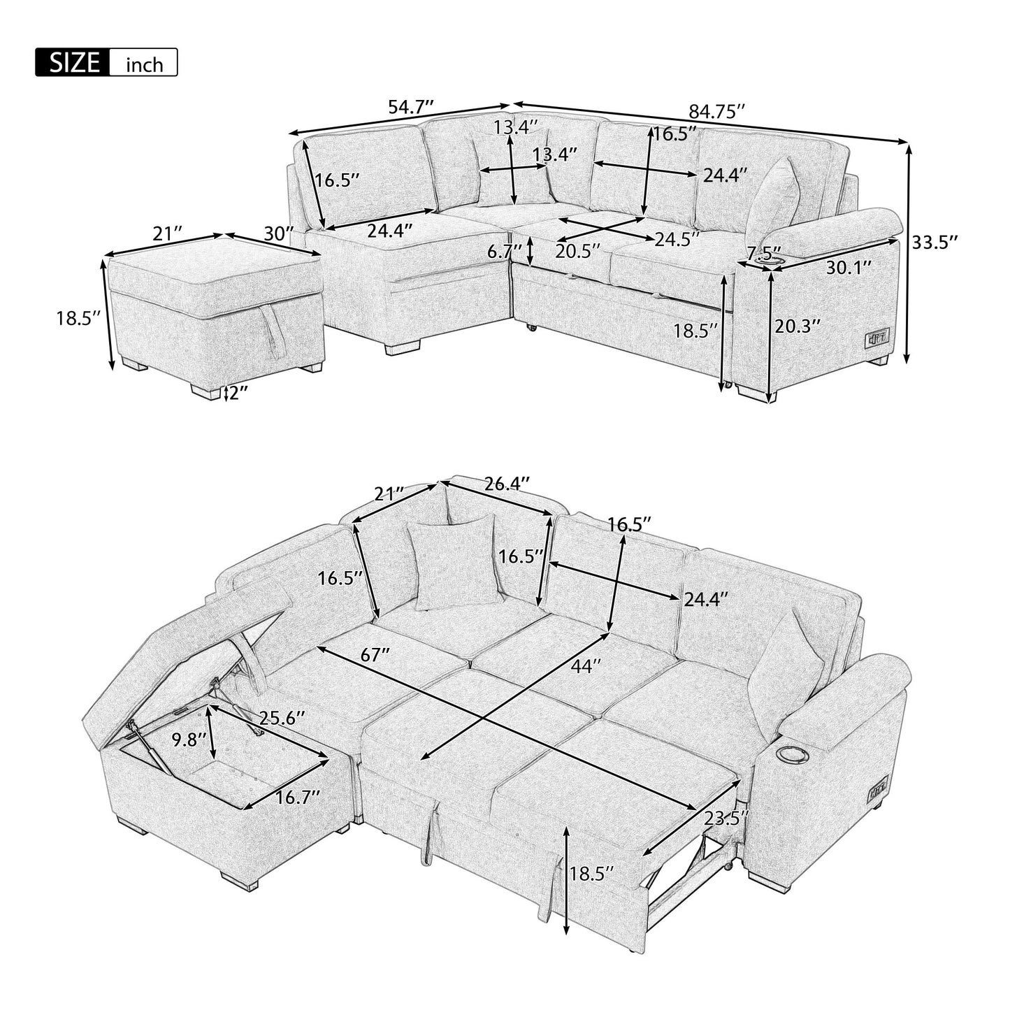 84" Gray Linen Sofa Bed with Storage Ottoman for Living Room