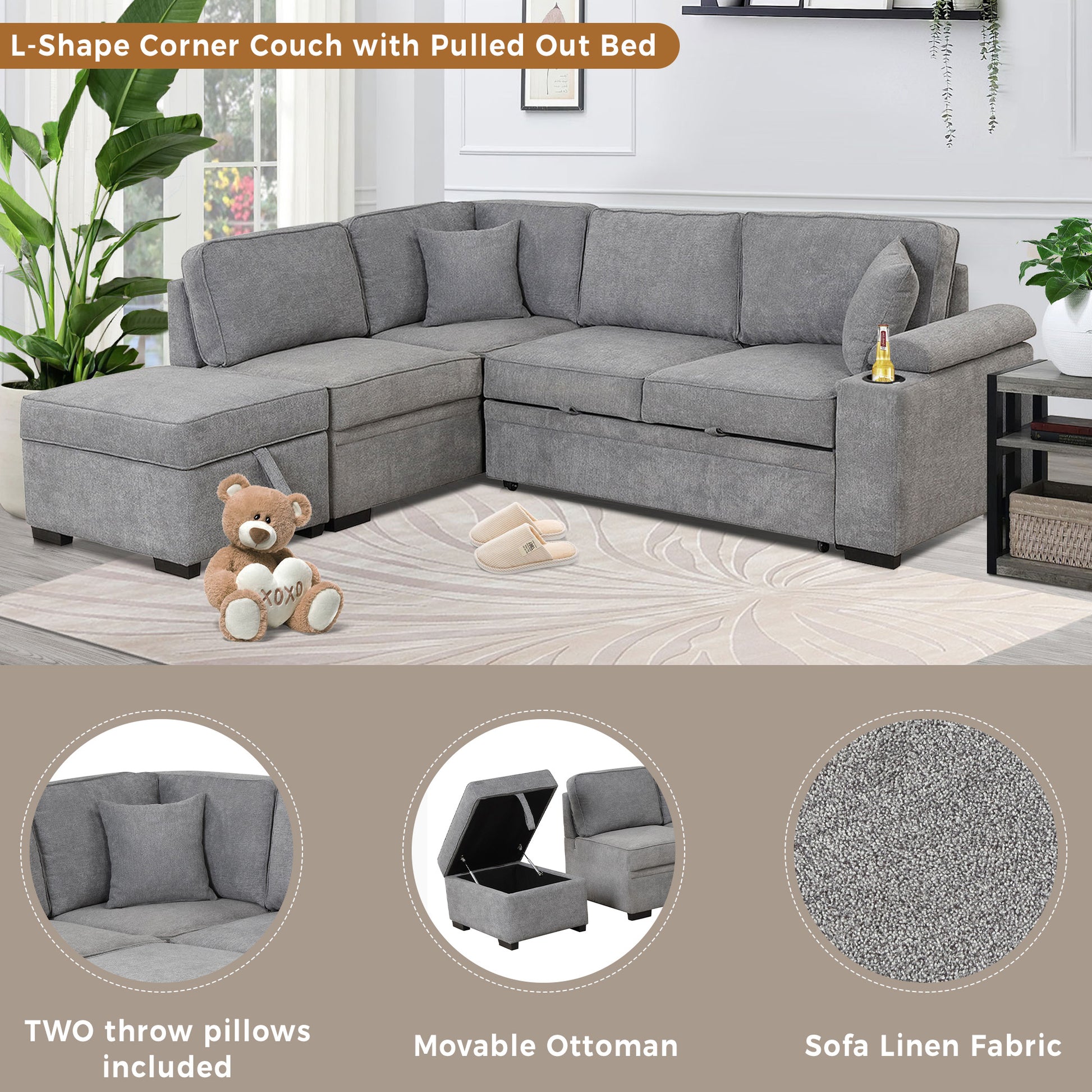 84" Gray Linen Sofa Bed with Storage Ottoman for Living Room