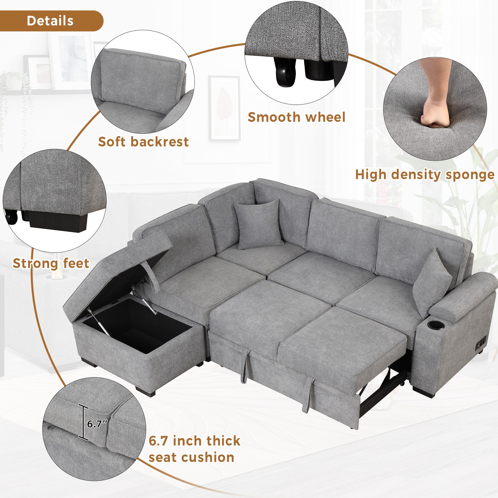 84" Gray Linen Sofa Bed with Storage Ottoman for Living Room
