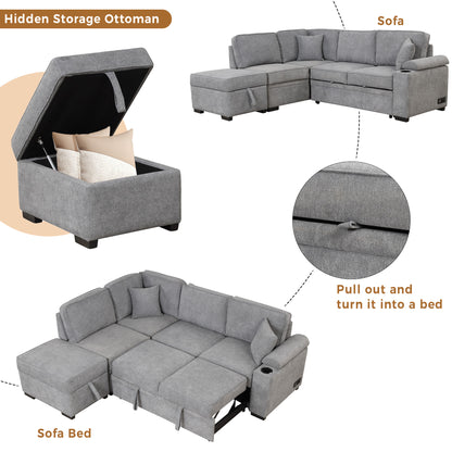 84" Gray Linen Sofa Bed with Storage Ottoman for Living Room