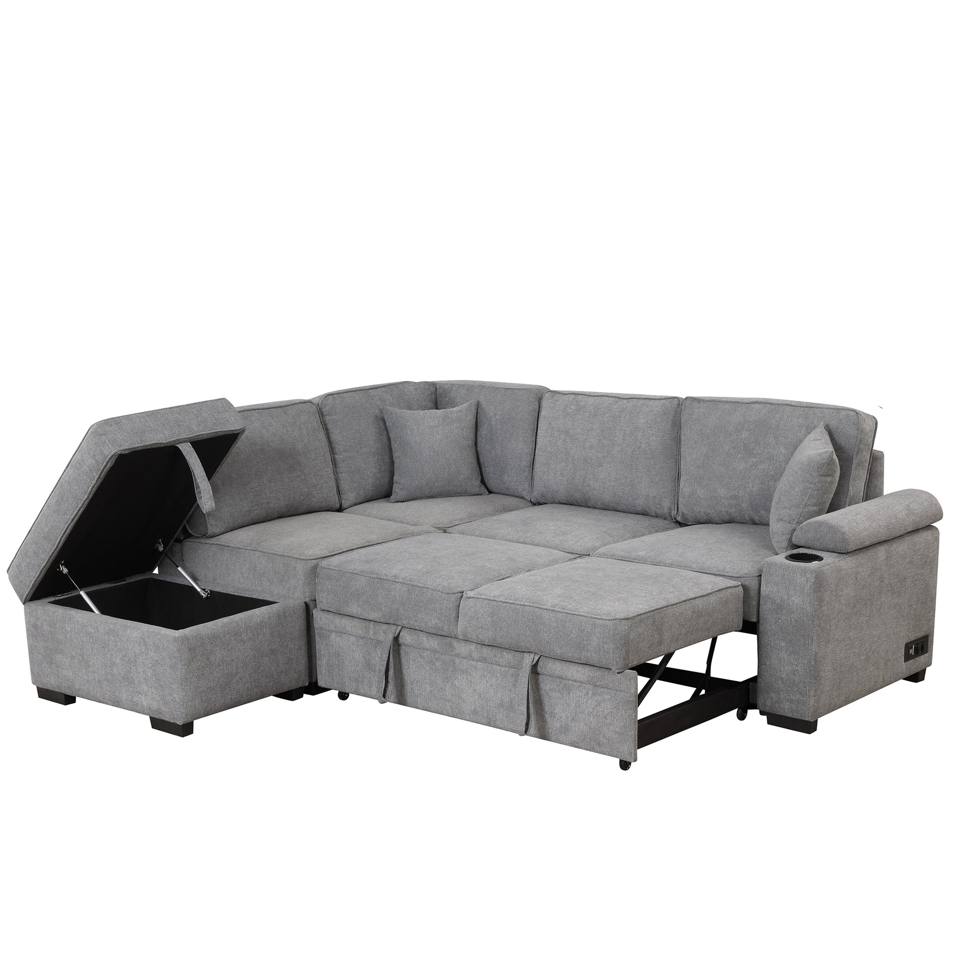 84" Gray Linen Sofa Bed with Storage Ottoman for Living Room