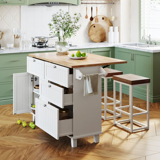TOPMAX Farmhouse Kitchen Island Set with Drop Leaf and 2 Seatings,Dining Table Set with Storage Cabinet, Drawers and Towel Rack, White+Rustic Brown