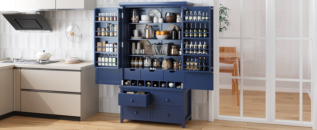 Blue Farmhouse Kitchen Pantry Cabinet with Adjustable Shelves
